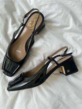 Sam Edelman Black Patent Slingback Block Heel Pumps